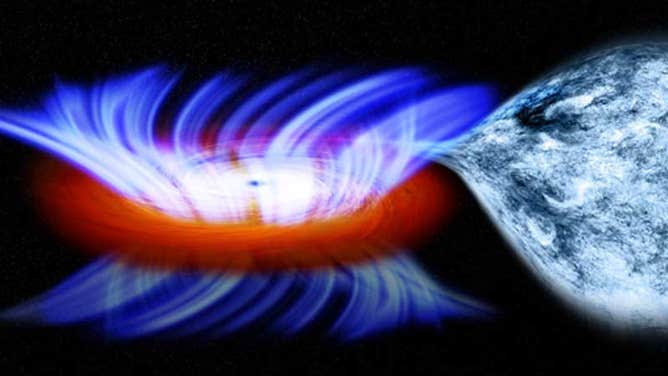 An artist's impression of how the strong gravity of the black hole, on the left, is pulling gas away from a companion star on the right. 