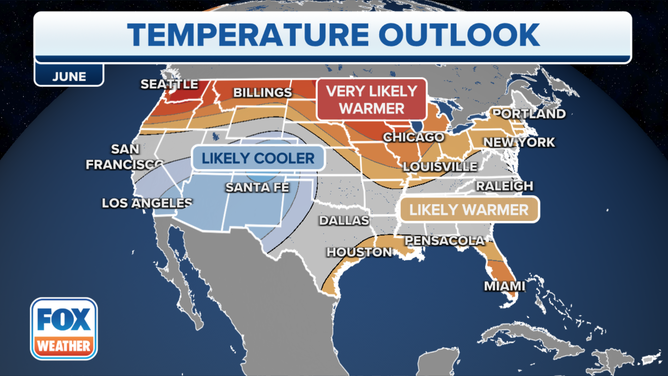 The temperature outlook for June from the Climate Prediction Center as of May 31, 2023.