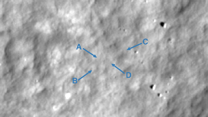 Before (M192675639R) and after (M1437131607R) comparison of the impact site. Arrow A points to a prominent surface change with higher reflectance in the upper left and lower reflectance in the lower right (opposite of nearby surface rocks along the right side of the frame). Arrows B-D point to other changes around the impact site.