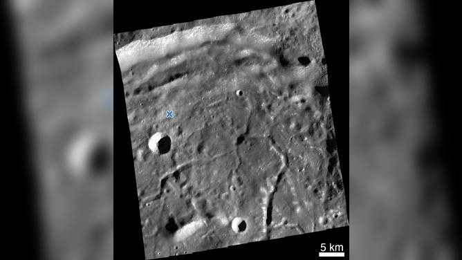 LROC NAC mosaic of the HAKUTO-R Mission 1 Lunar Lander impact site made from five NAC image pairs: M1437138630L/R, 1437131607L/R, M1437124584L/R, 1437117561L/R, M1437110537L/R. The blue cross marks the impact site.