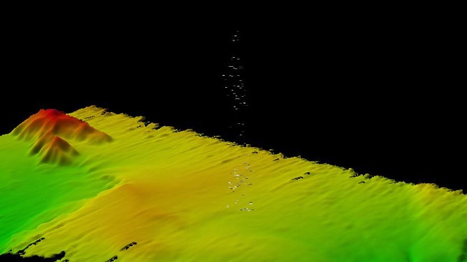 Three-dimensional-modeled multibeam bathymetry data with the gas seep bubbles detected near the Aleutian Trench depicted as pixels extending from the middle of the model.