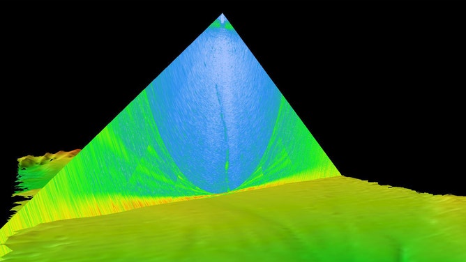 Water column data (shown as a triangular cross-section) overlaid on 3D-modeled multibeam bathymetry data. The gas seep detected near the Aleutian Trench is depicted as a green line extending from the middle of the water column data.