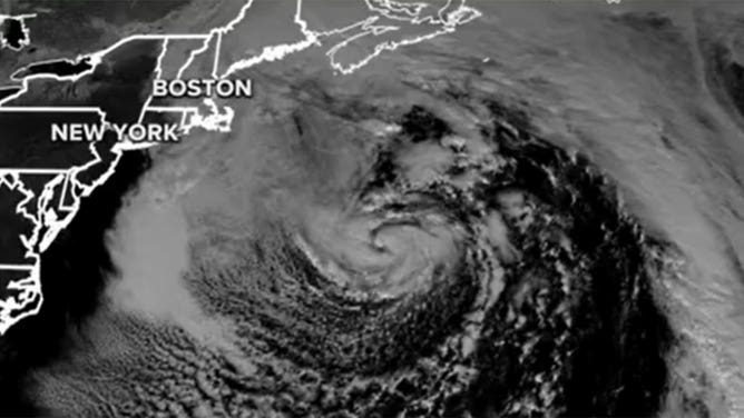 A subtropical storm is seen on satellite in January 2023 as it spins through the North Atlantic Ocean.