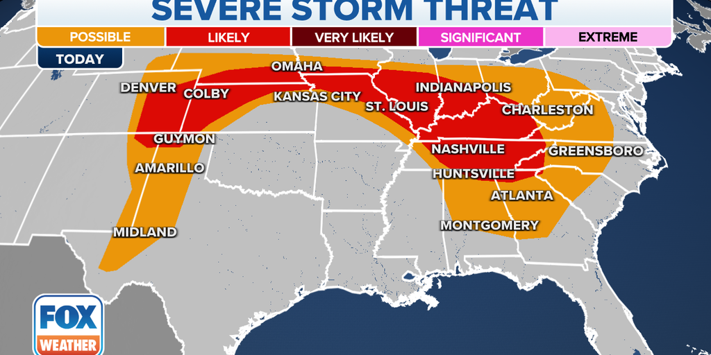 Severe thunderstorm watches extend over 1,000 miles from the Plains to the Tennessee Valley