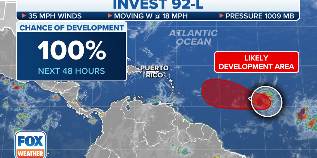 Invest 92L given 100 chance to Tropical Storm Bret as NHC also
