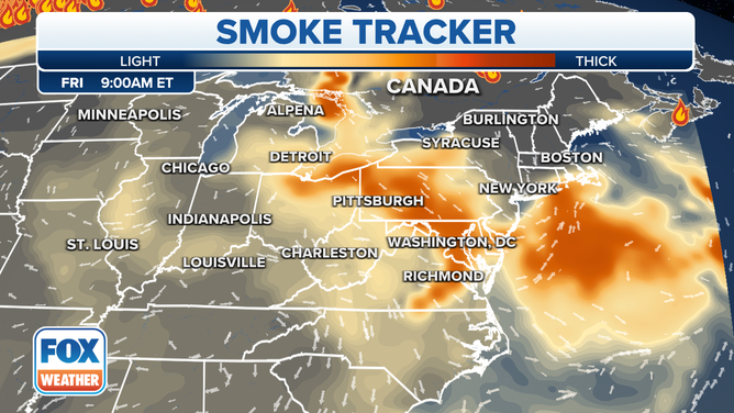 The location of Canadian wildfire smoke for June 9 at 9 a.m. ET.