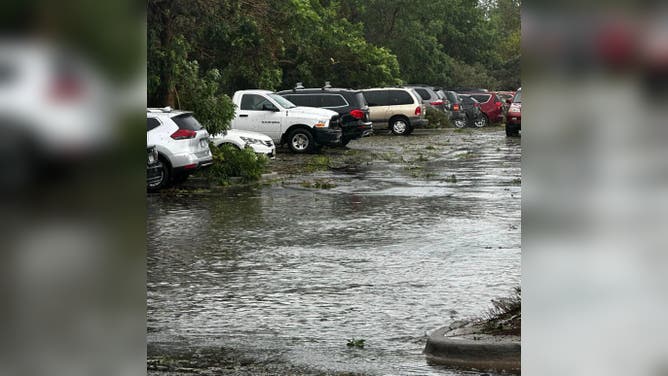 Flooding in parking lot in Highlands Ranch, Colorado. June 22, 2023.