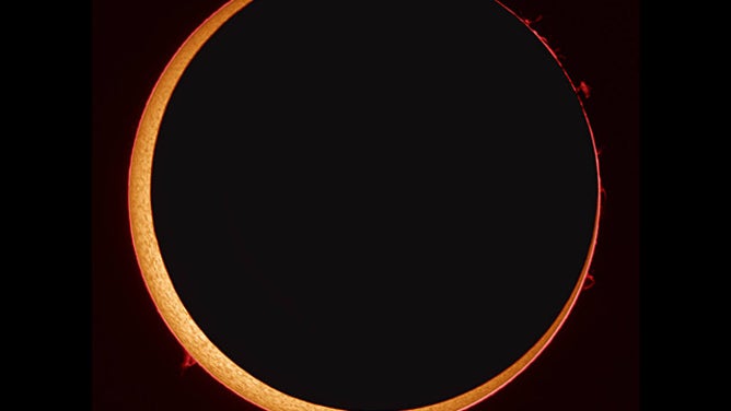 Since the Moon appears smaller than the Sun during an annular solar eclipse, the Sun peeks out from around the Moon.