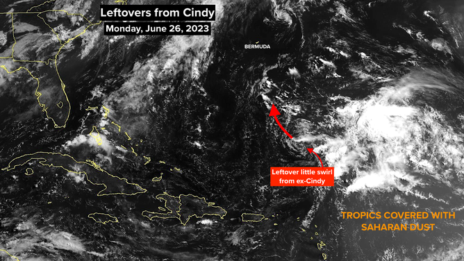 The tropics are covered with Saharan dust as what's left of what was once Tropical Storm Cindy spins above the Atlantic Ocean.