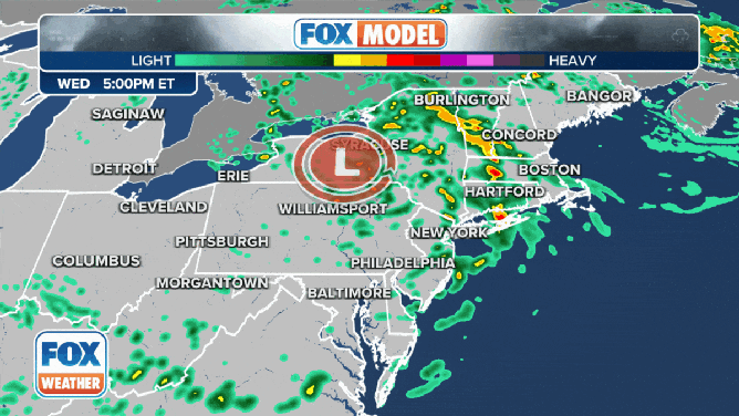 The FOX Model showing the location of rain and thunderstorms on Wednesday, June 14, 2023.