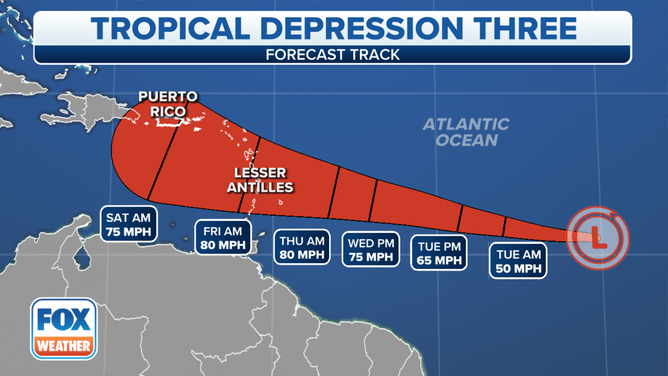 The cone of uncertainty for Tropical Depression 3 in the Atlantic.