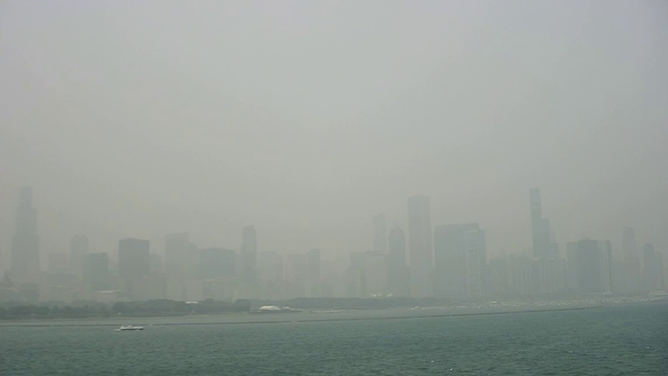The Chicago skyline is barely visible on June 28, 2023.