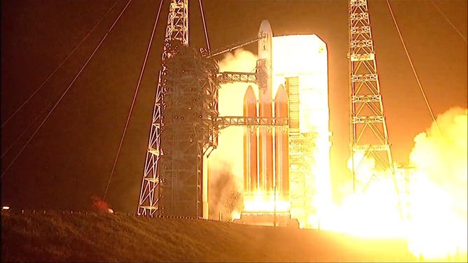 United Launch Alliance Delta IV Heavy roars to life on the launchpad in Cape Canaveral, Florida on June 22, 2023.