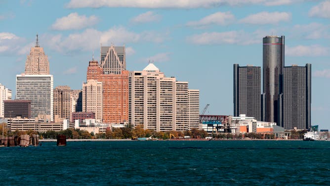 FILE - The Detroit skyline seen from Riverside Park in Detroit, Michigan.