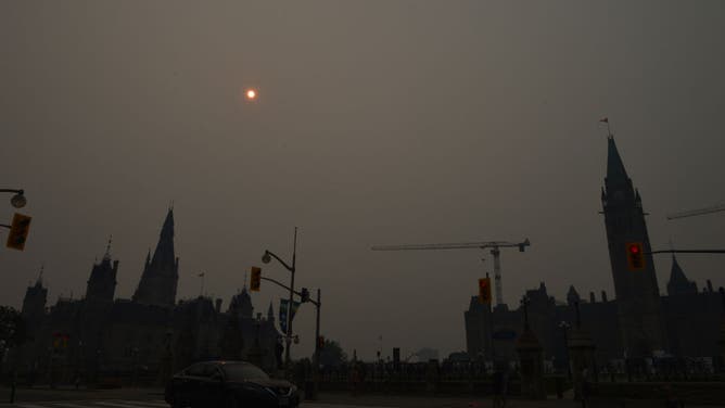 A view of the city as the smoke from forest fires reaching to the center of Ottawa again with the effects of wind, in Canada on June 25, 2023.