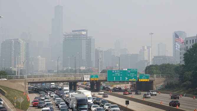 CHICAGO, ILLINOIS - JUNE 28: Wildfire smoke clouds the skyline on June 28, 2023 in Chicago, Illinois. The Chicago area is under an air quality alert as smoke from Canadian wildfires has covered the city for a second straight day.