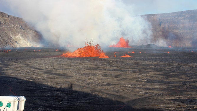 Lava spews from the Kilauea volcano eruption as shown on the B1cam west of Halemaʻumaʻu crater.