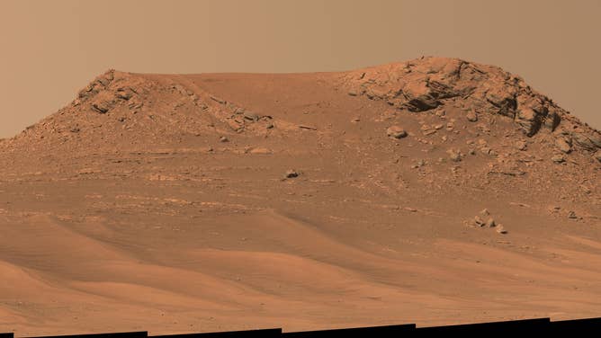 The mosaic image shows a hill on Mars nicknamed "Pinestand." The image was created by a series of images captured by NASA Perseverance rover's Mastcam-Z camera on Feb. 26, 2023. 