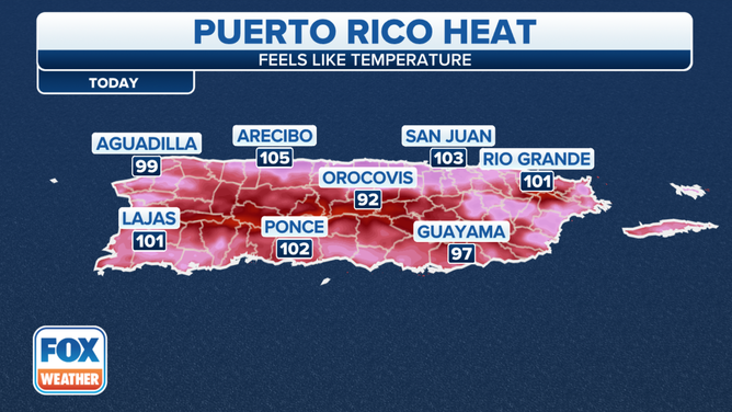 The feels-like temperature in Puerto Rico on Wednesday, June 7, 2023.