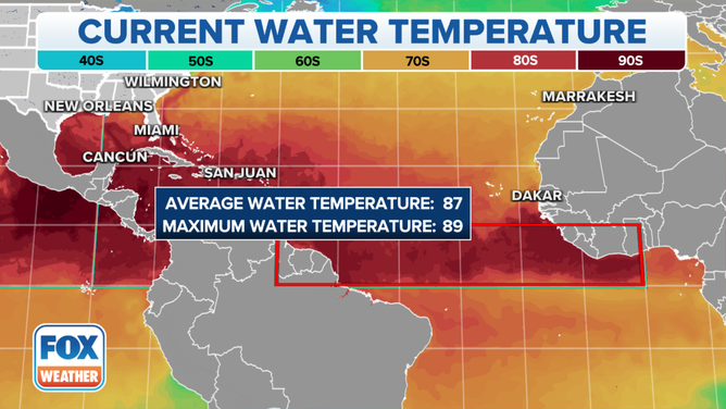 A graphic showing warm water temperatures across the world.