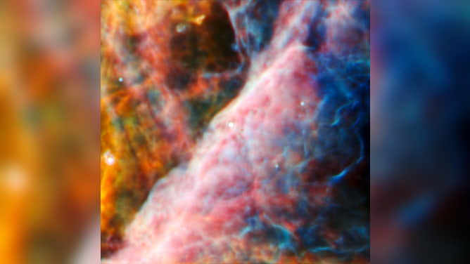 This image from Webb’s MIRI (Mid-Infrared Instrument) shows a small region of the Orion Nebula. At the center of this view is a young star system with a protoplanetary disk named d203-506. 