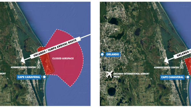 On the left, a map of Florida shows the old air space restrictions and on the right, a map shows the new air space closures for rocket launches in Florida. 