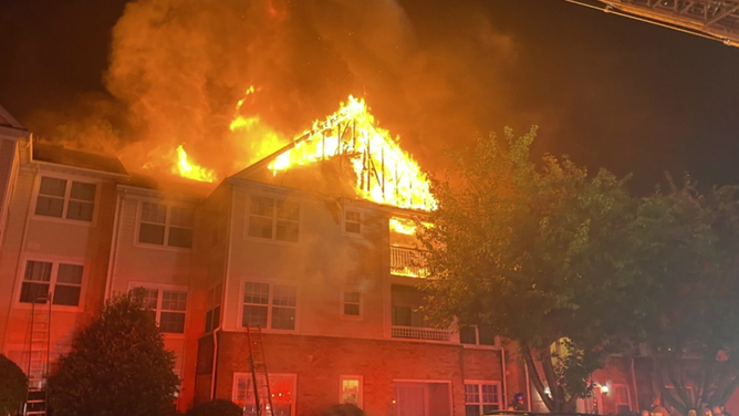 A lightning strike ignited a fire at the Taylor Ridge condominiums in Bel Air, Maryland on Monday, June 26, 2023.