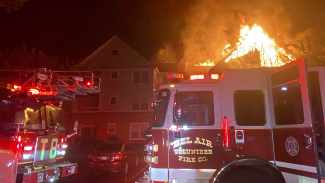 A lightning strike ignited a fire at the Taylor Ridge condominiums in Bel Air, Maryland on Monday, June 26, 2023.