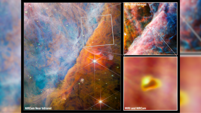 These Webb images show a part of the Orion Nebula known as the Orion Bar. The largest image, on the left, is from Webb’s NIRCam (Near-Infrared Camera) instrument. At upper right, the telescope is focused on a smaller area using Webb’s MIRI (Mid-Infrared Instrument). At the very center of the MIRI area is a young star system with a protoplanetary disk named d203-506. The pullout at the bottom right displays a combined NIRCam and MIRI image of this young system. Credits: ESA/Webb, NASA, CSA, M. Zamani (ESA/Webb), and the PDRs4All ERS Team