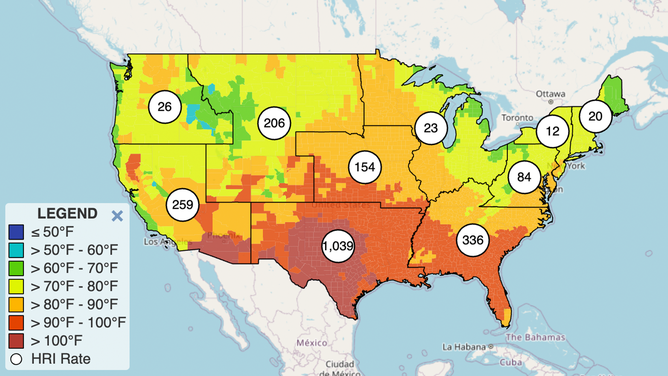 The CDC's Heat-Related Illness and Temperature map as of June 27, 2023. The map shows the rate of emergency department visits associated with heat-related illness per 100,000 ED visits by region (as defined by the U.S. Department of Health and Human Services).