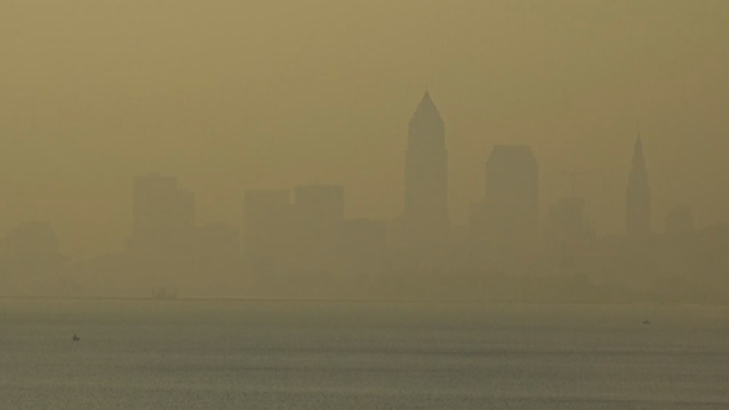 The smokey Cleveland skyline on Friday, June 30, 2023. (Image: NWS Cleveland)