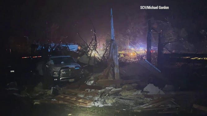 A likely tornado brought down trees and wires in Louin, Mississippi.