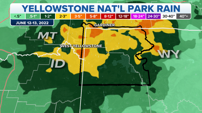 A map showing the rain leading to the June 2022 flooding in Yellowstone National Park with yellow and orange showing the higher rain totals up to 8 inches.