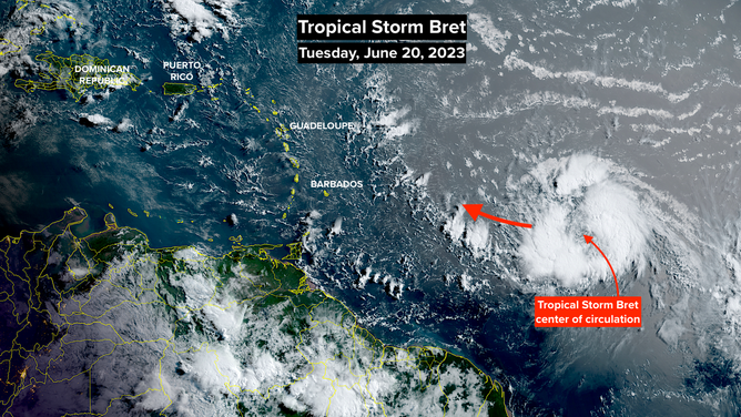 A satellite image of Tropical Storm Bret.