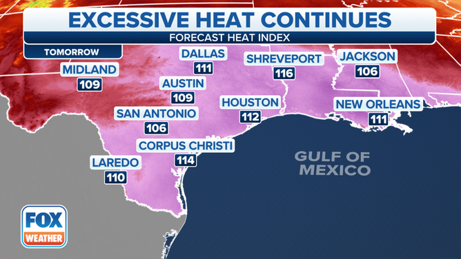 Heat index forecast for Tuesday across the South.