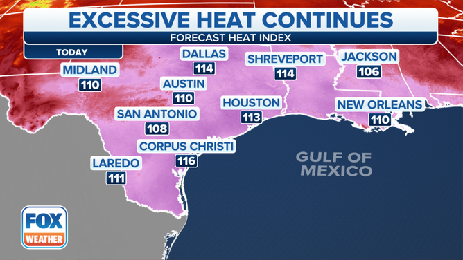 The heat index will make temperatures feel well above 100 degrees across the South on Monday.