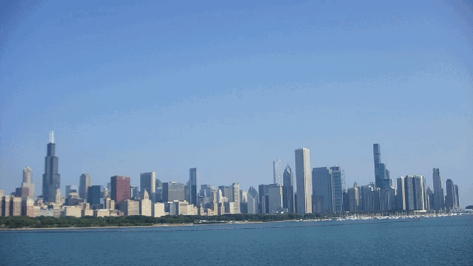 The Chicago skyline on June 21, 2023 and June 28, 2023.