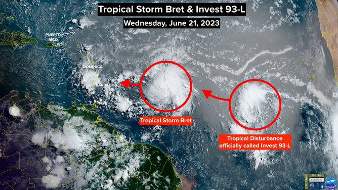 A satellite view of the tropical Atlantic of Tropical Storm Bret and Invest 93L
