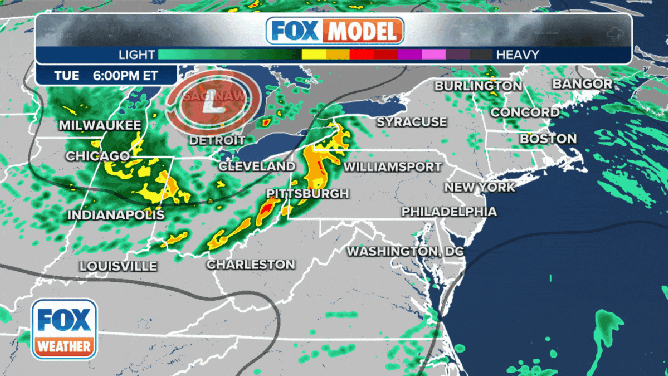 The FOX Model showing where rain will be falling on Tuesday evening.