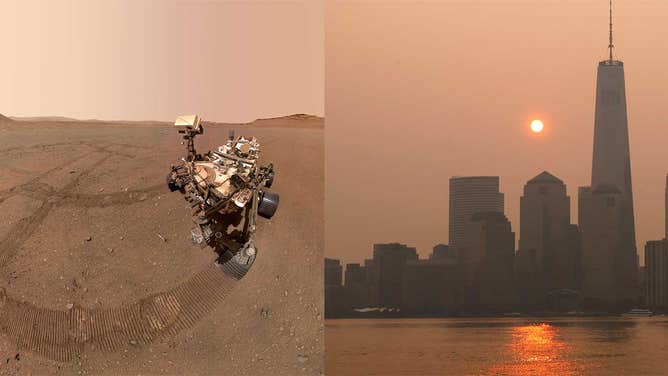 On left, a selfie taken by NASA's Mars Perseverance rover in the Jezero Crater on Jan. 29, 2023 on the planet Mars. On right, a view from Jersey City, New Jersey showing the smoke-filled sky behind the skyline of lower Manhattan and One World Trade Center in New York City on June 7, 2023.