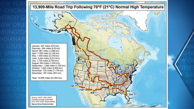 13,909-mile road trip following 70 degree normal high temperature.