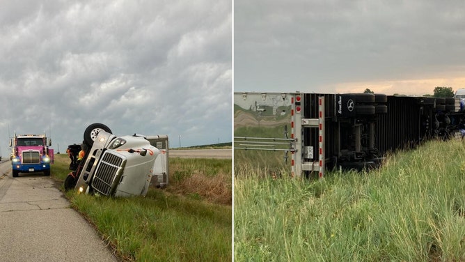 Semi trucks topple along I-55