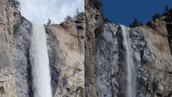 (left) Bridalveil Fall in Yosemite National Park in California on May 28, 2023. (right) Summer in Yosemite Valley YOSEMITE VALLEY, CA - AUGUST 13: The iconic Bridalveil Fall is viewed from the Valley floor on August 13, 2019, in Yosemite Valley, California. With the arrival of summer, the estimated 600,000 monthly visitors endure traffic congestion, road construction projects, and hot weather, in addition to the scenic beauty. (Photo by George Rose/Getty Images)