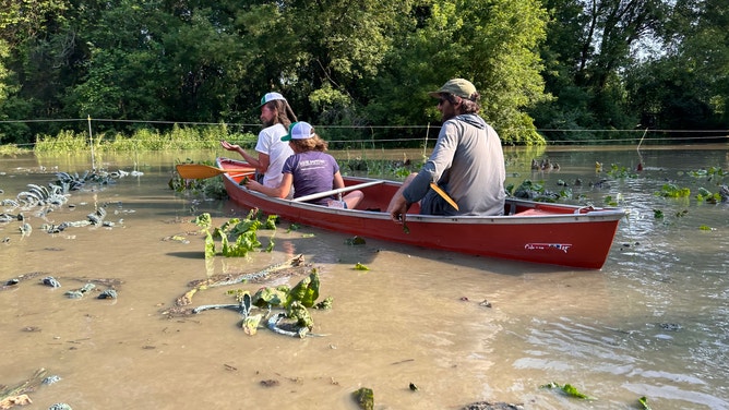 Pitchfork Farm co-owner Eric Seitz and farm staff paddle through the flooded vegetable fields in Vermont.
