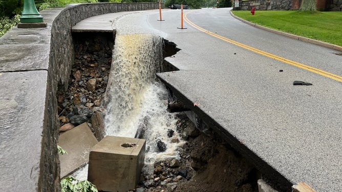 Images of flooding damage at the U.S. Military Academy at West Point, New York caused by flash flooding on Sunday, July 9, 2023.