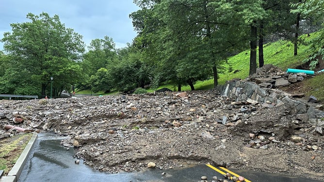 Images of flooding damage at the U.S. Military Academy at West Point, New York caused by flash flooding on Sunday, July 9, 2023.