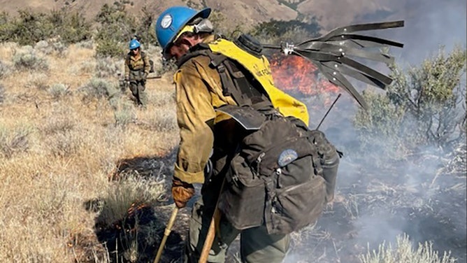 Prineville Hotshots construct handlines along the Newell Road Fire's edge.