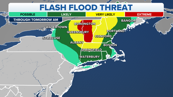 A map showing the flash flood threat through Tuesday, July 11, 2023.