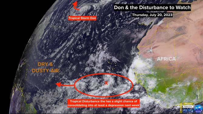 A tropical disturbance in the Atlantic Ocean is facing several obstacles that will hinder development.
