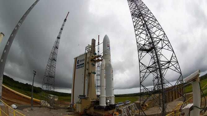 Ariane 5 launch vehicle for flight VA261 sits on the launch pad at Europe’s Spaceport in French Guiana. Flight VA261 will carry to space two payloads – the German space agency DLR’s experimental communications satellite Heinrich Hertz and the French communications satellite Syracuse 4b.